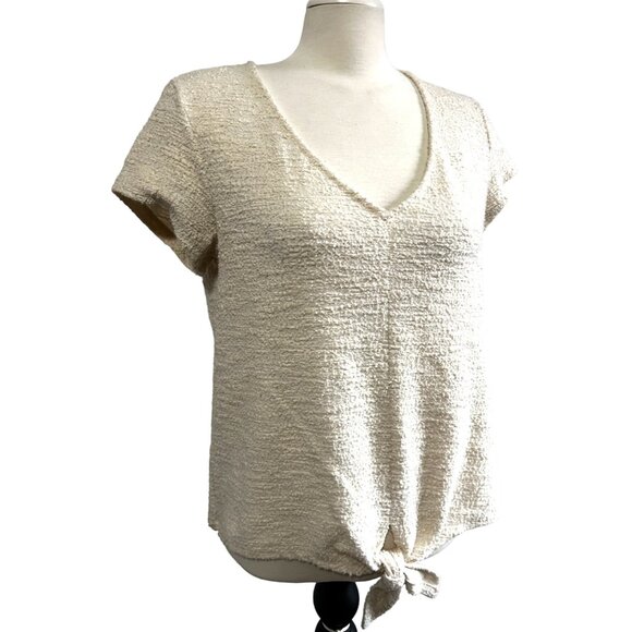 Current Air Beige Tie Front Textured Blouse Sz Medium Short Sleeves - Picture 5 of 8